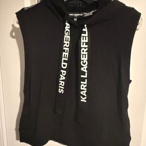 NWT Karl Lagerfeld Black Sleeveless Hooded Tank with Logo Drawstrings/net back-L